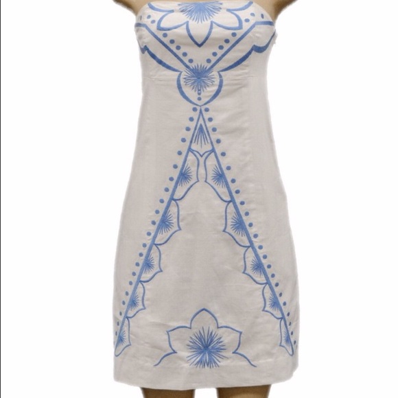 "Bowen" White & Blue Embroidered Strapless Dress - Picture 6 of 6